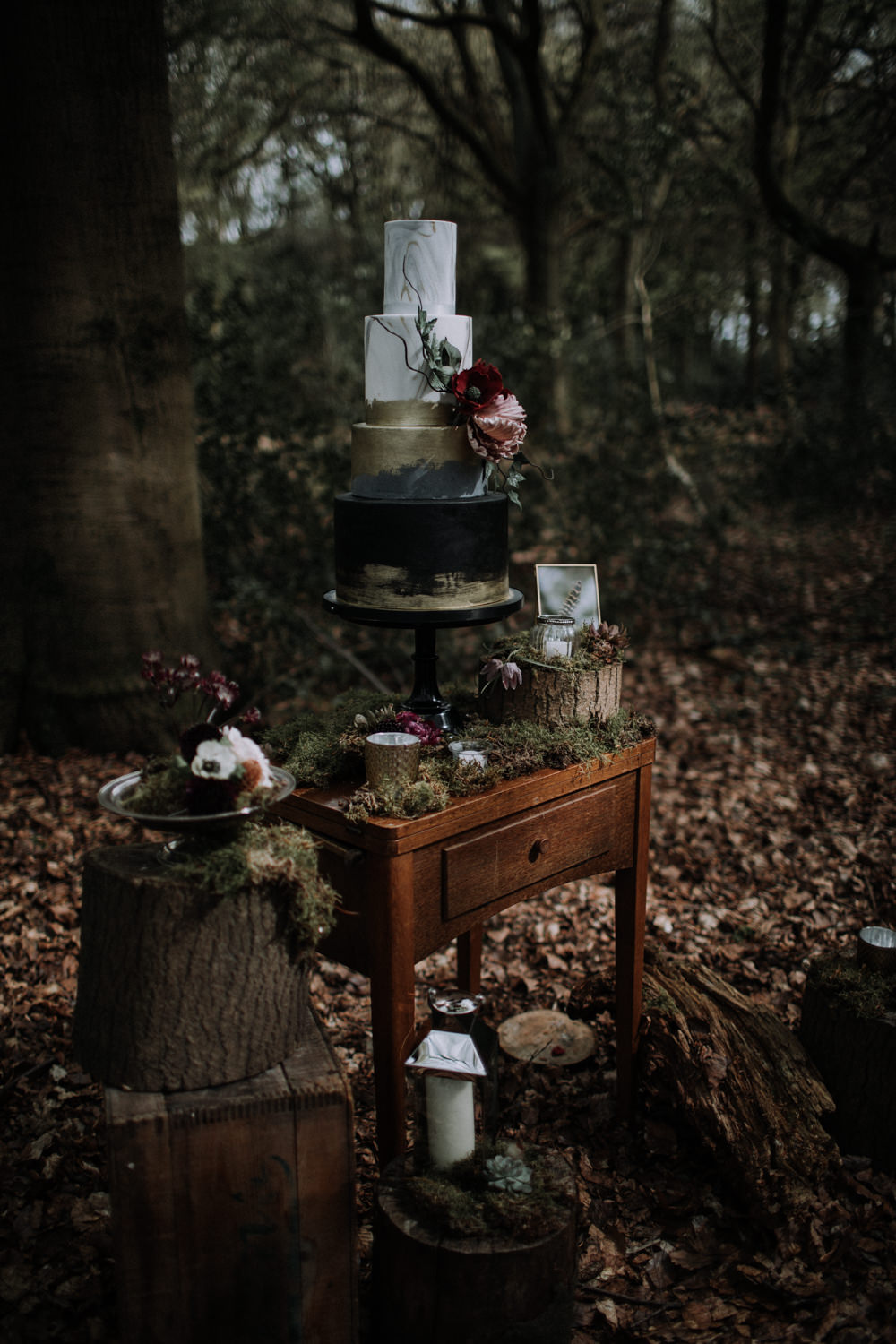Cake Table Furniture Decor Moss Logs Flowers Candle Modern Gothic Woods Wedding Ideas Ayelle Photography