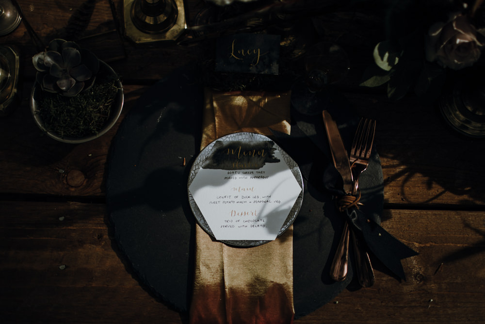 Table Tablescape Decor Black Gold Candles Flowers Modern Gothic Woods Wedding Ideas Ayelle Photography