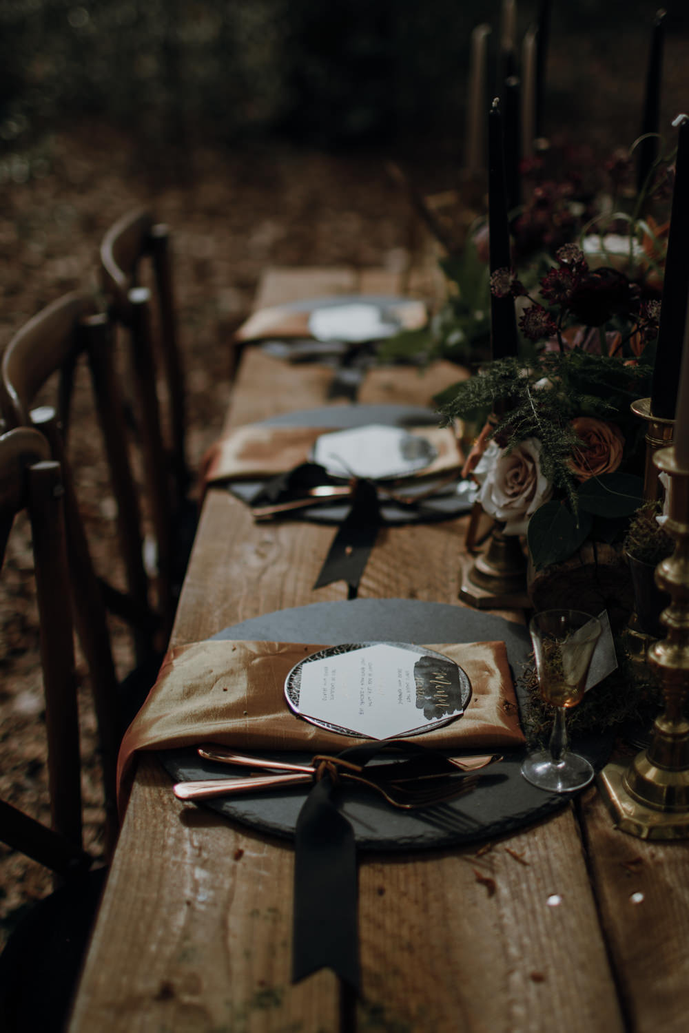 Table Setting Tablescape Decor Black Gold Place Names Calligraphy Candles Flowers Modern Gothic Woods Wedding Ideas Ayelle Photography