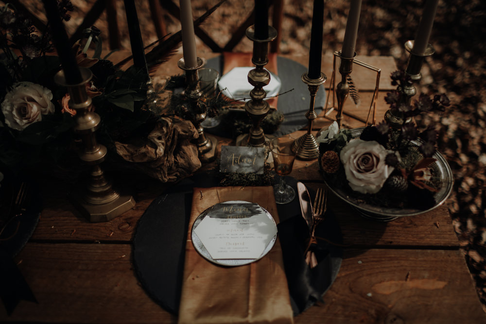 Table Setting Tablescape Decor Black Gold Place Names Calligraphy Candles Flowers Modern Gothic Woods Wedding Ideas Ayelle Photography