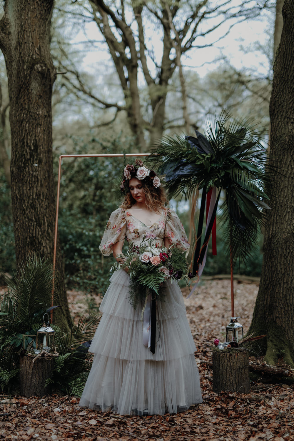 Bride Bridal Dress Gown Tulle Layer Skirt Balloon Sleeves Floral Top Modern Gothic Woods Wedding Ideas Ayelle Photography