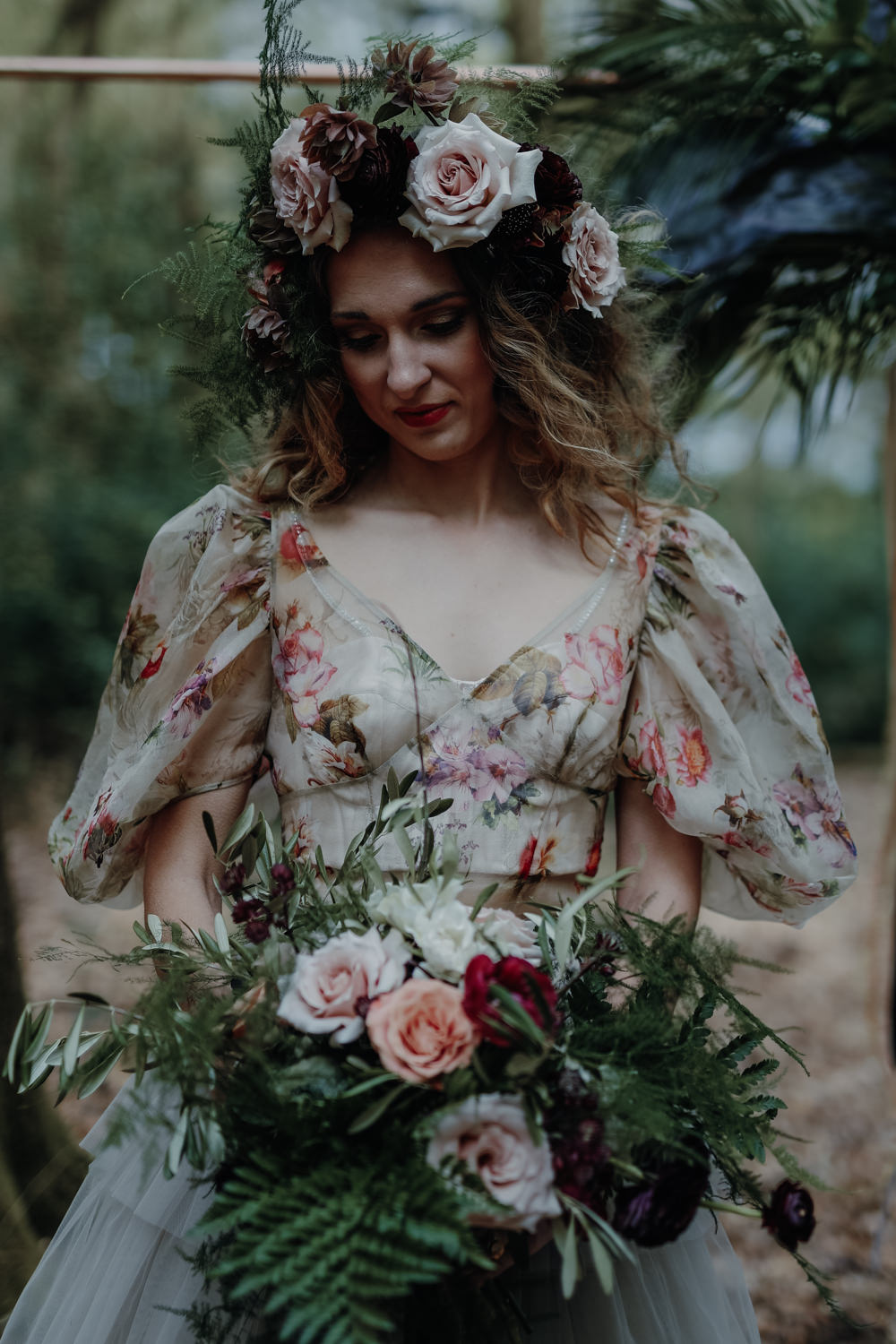 Bride Bridal Dress Gown Tulle Layer Skirt Balloon Sleeves Floral Top Bouquet Wild Large Bride Bridal Fern Foliage Rose Greenery Flower Crown Modern Gothic Woods Wedding Ideas Ayelle Photography