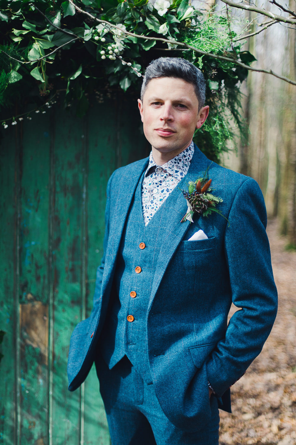 Groom Blue Suit Waistcoat Floral Shirt Nordic Woodland Elopement Wedding Ideas Nina Wernicke Photography