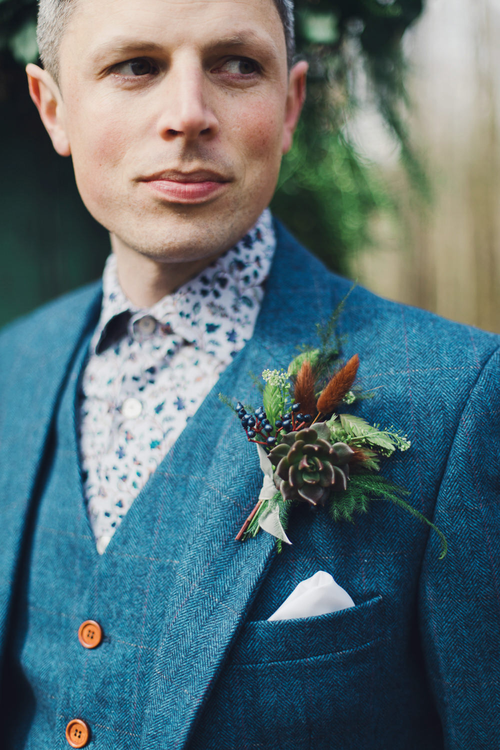 Groom Blue Suit Waistcoat Floral Shirt Buttonhole Succulent Berry Greenery Nordic Woodland Elopement Wedding Ideas Nina Wernicke Photography
