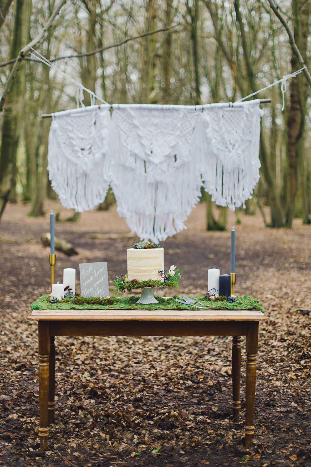 Cake Table Rustic Wooden Moss Macrame Backdrop Naked Semi Nordic Woodland Elopement Wedding Ideas Nina Wernicke Photography