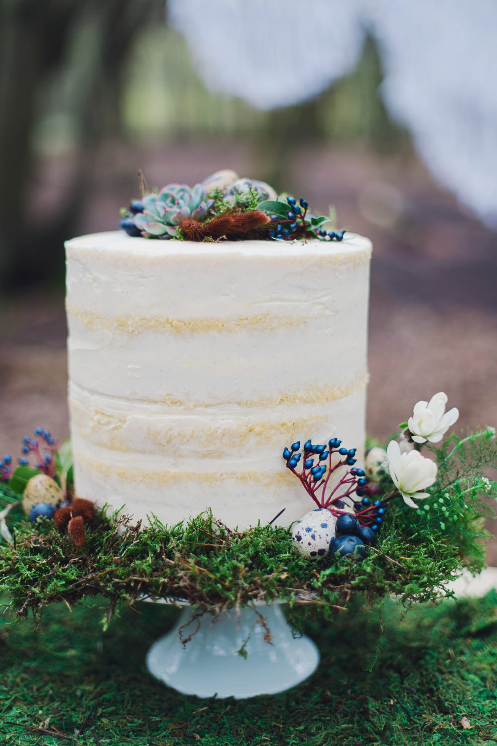 Semi Naked Cake Sponge Layer Moss Flowers Eggs Decor Nordic Woodland Elopement Wedding Ideas Nina Wernicke Photography