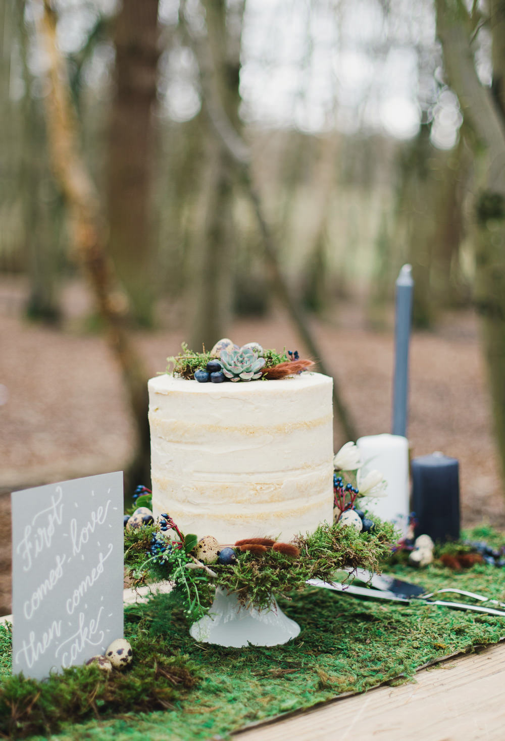 Semi Naked Cake Sponge Layer Moss Flowers Eggs Decor Nordic Woodland Elopement Wedding Ideas Nina Wernicke Photography