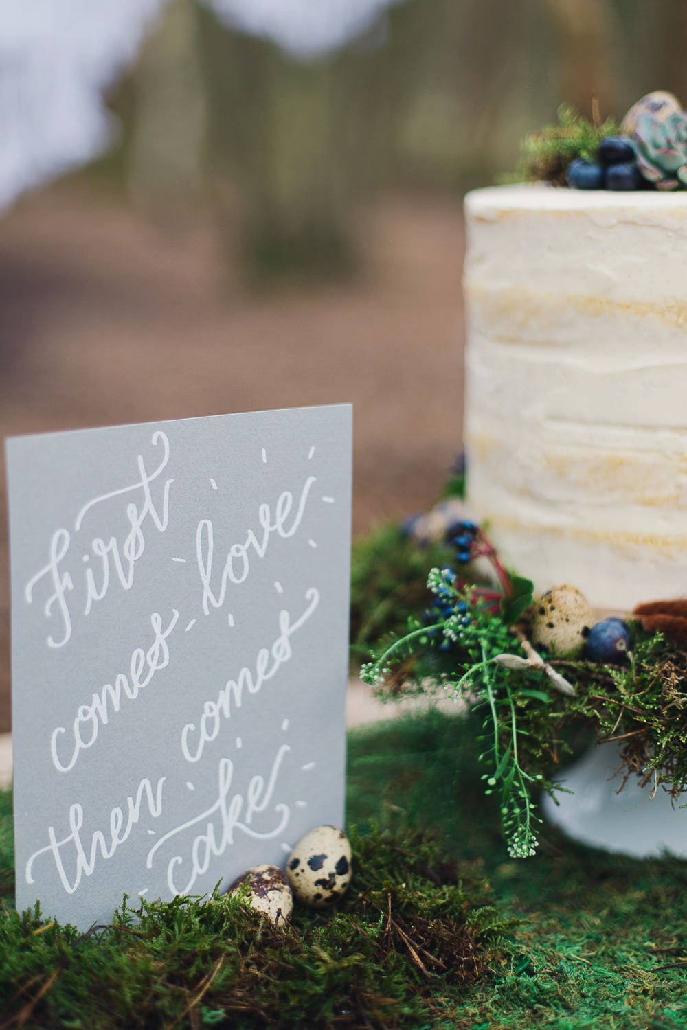 White Grey Stationery Calligraphy Cake Sign Nordic Woodland Elopement Wedding Ideas Nina Wernicke Photography