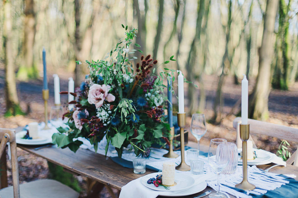 Flowers Greenery Burgundy Greenery Foliage Berry Thistle Candle Gold Box Centrepiece Decor Nordic Woodland Elopement Wedding Ideas Nina Wernicke Photography