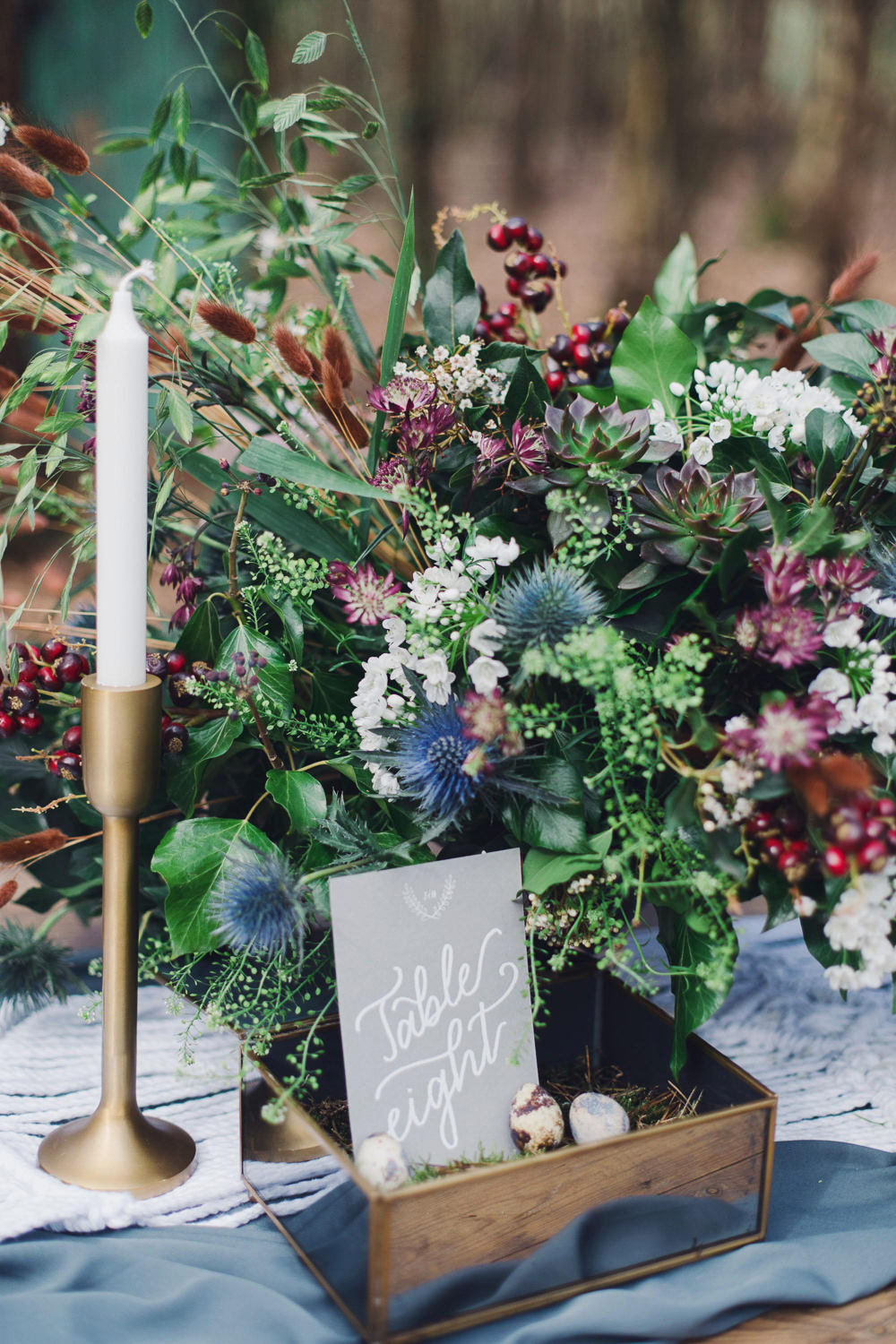 Flowers Greenery Burgundy Greenery Foliage Berry Thistle Candle Gold Box Centrepiece Decor Nordic Woodland Elopement Wedding Ideas Nina Wernicke Photography