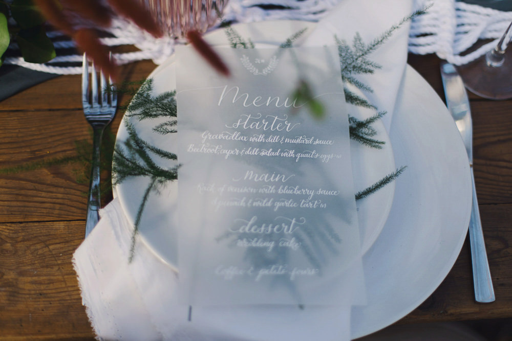 Glassine White Grey Stationery Calligraphy Invites Invitation Suite Menu Nordic Woodland Elopement Wedding Ideas Nina Wernicke Photography