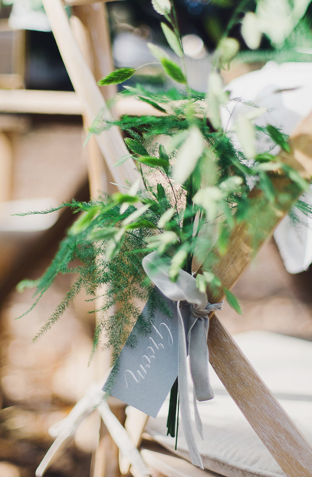 Chair Flowers Greenery Velvet Ribbon Grey Name Tag Nordic Woodland Elopement Wedding Ideas Nina Wernicke Photography