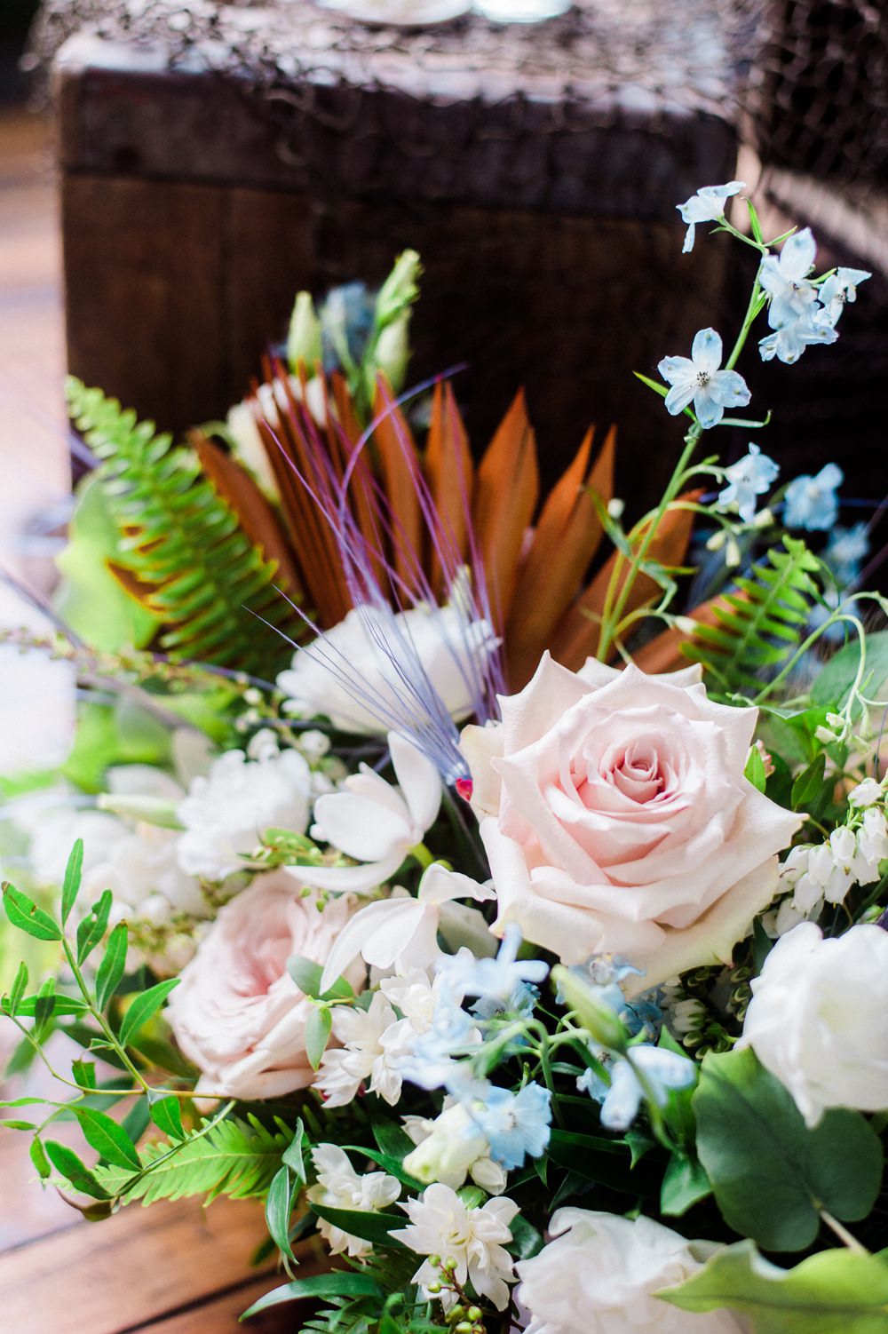 Nature Inspired Styled Shoot Seashell Grey Blue Coral Roses Dahlias Ferns Pastel | Ocean Wedding Ideas Industrial Rachel Watkinson Photography
