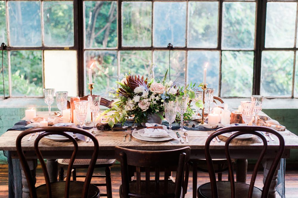 Nature Inspired Styled Shoot Seashell Tablescape Candles Grey Blue Gold Crystal Glasses Silk Ribbon Dahlia Centrepiece | Ocean Wedding Ideas Industrial Rachel Watkinson Photography