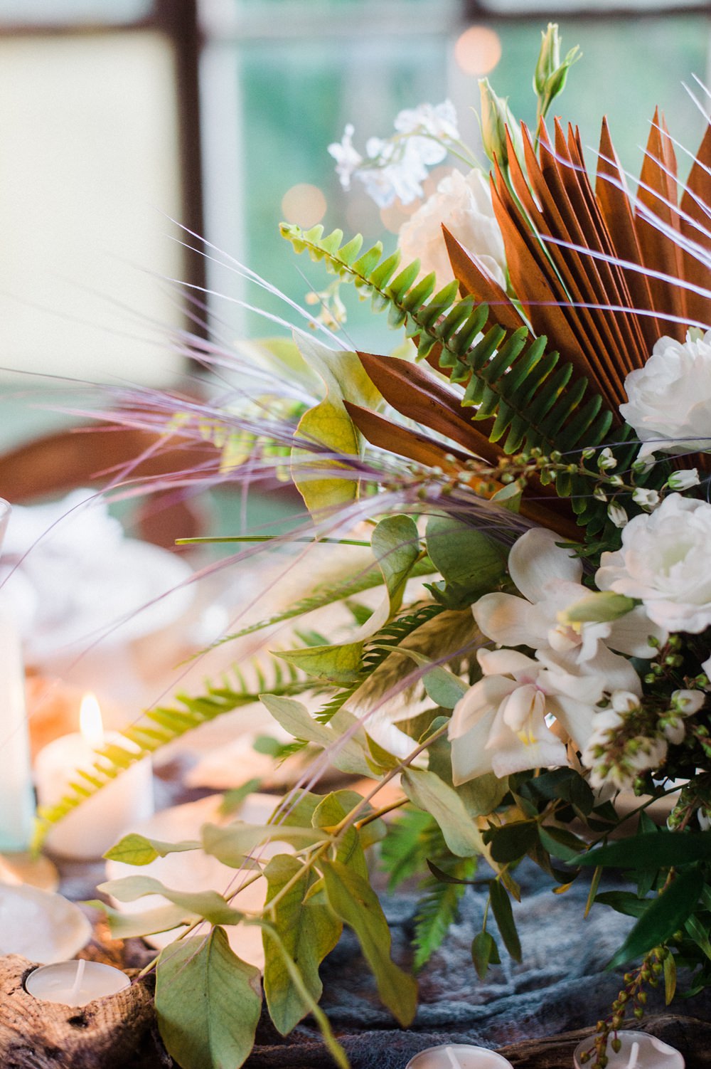 Nature Inspired Styled Shoot Seashell Tablescape Candles Grey Blue Dahlia Fern Floral Centrepiece | Ocean Wedding Ideas Industrial Rachel Watkinson Photography