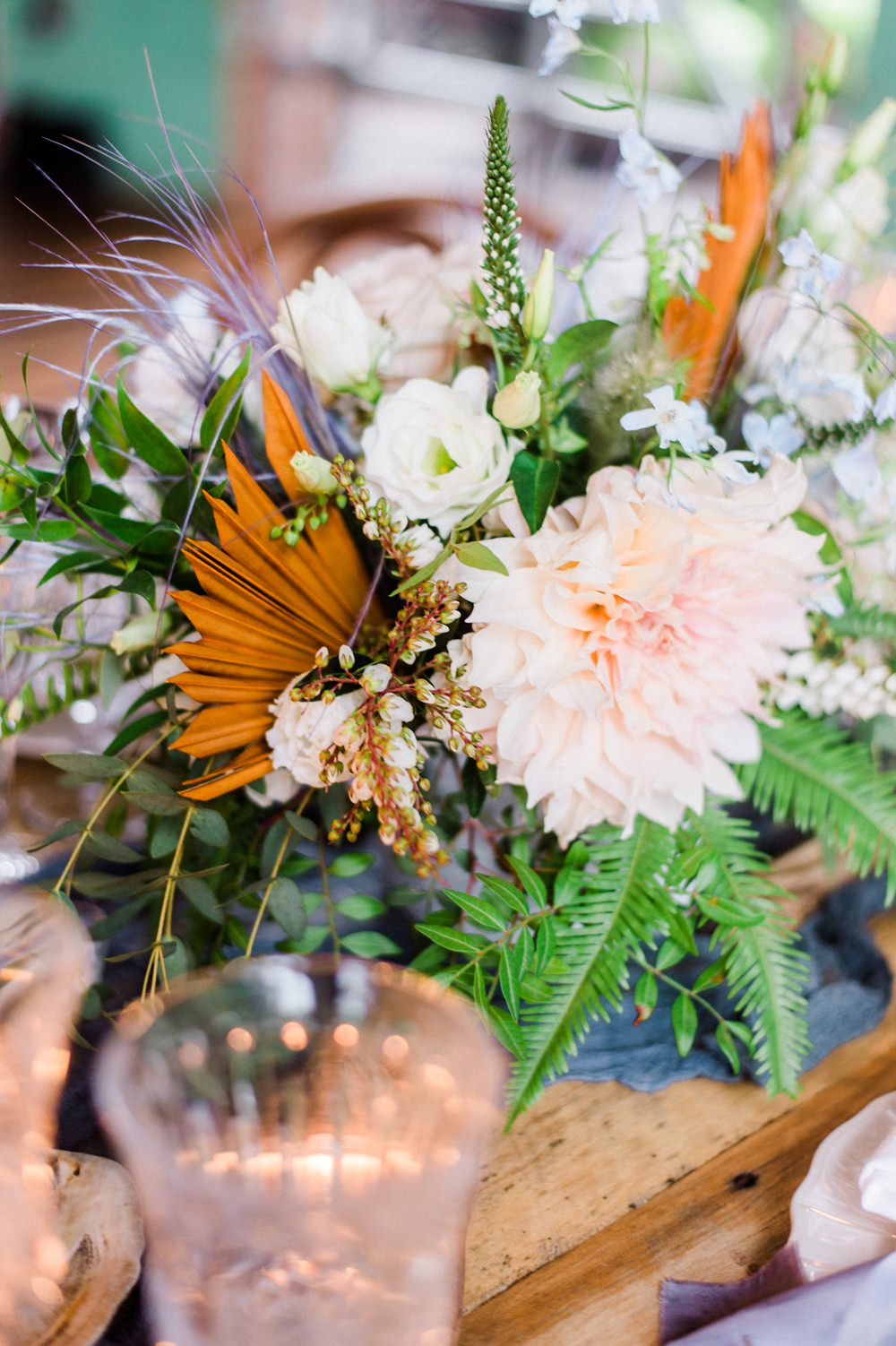 Nature Inspired Styled Shoot Seashell Tablescape Candles Grey Blue Gold Crystal Glasses Silk Ribbon Dahlia Fern Pastel Floral Centrepiece | Ocean Wedding Ideas Industrial Rachel Watkinson Photography