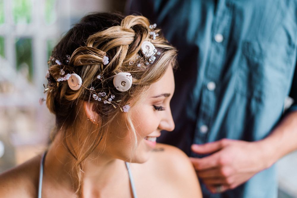 Nature Inspired Styled Shoot Seashell Headpiece Updo Tattooed Bride Blue Dress Casual Groom Shirt Pastel | Ocean Wedding Ideas Industrial Rachel Watkinson Photography