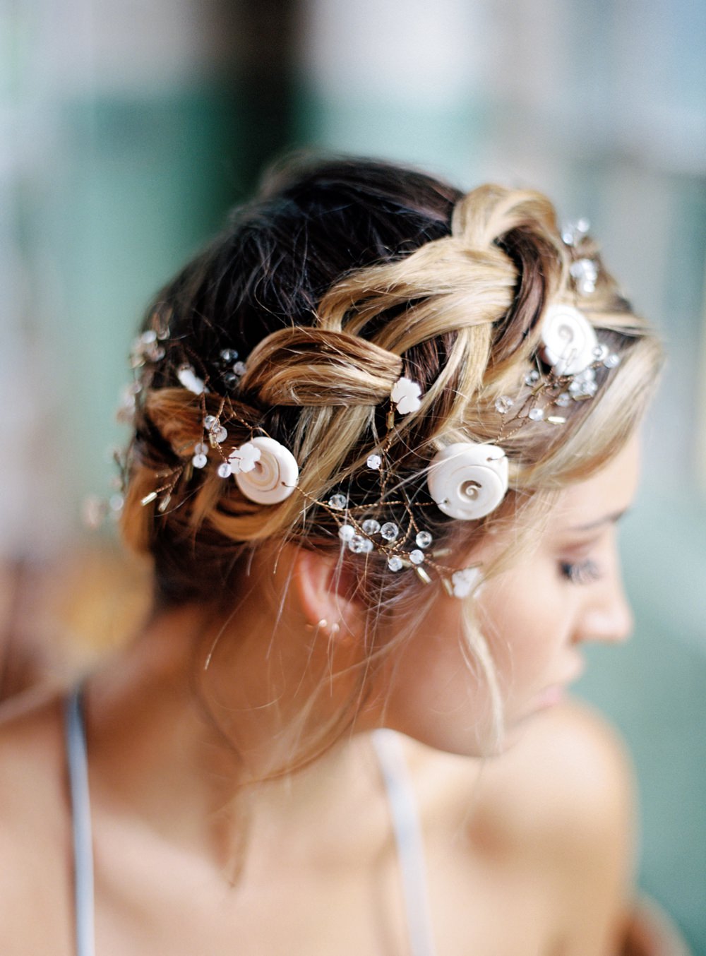 Nature Inspired Styled Shoot Seashell Headpiece Braided Updo Bride Blue Dress | Ocean Wedding Ideas Industrial Rachel Watkinson Photography