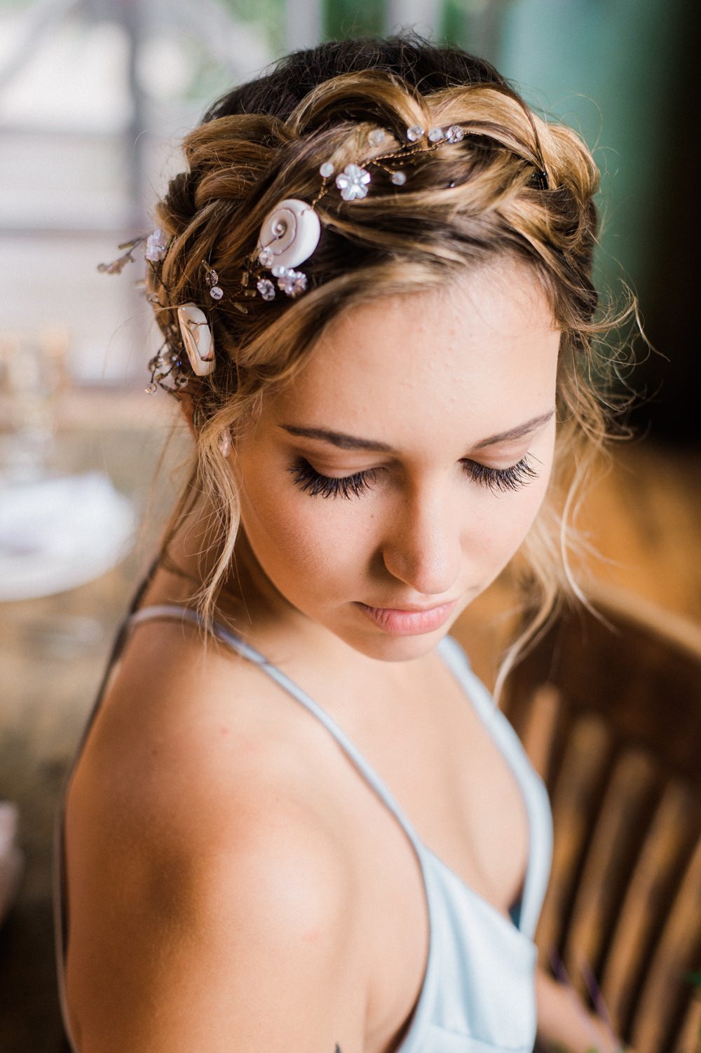 Nature Inspired Styled Shoot Seashell Headpiece Braided Updo Bride Blue Dress | Ocean Wedding Ideas Industrial Rachel Watkinson Photography