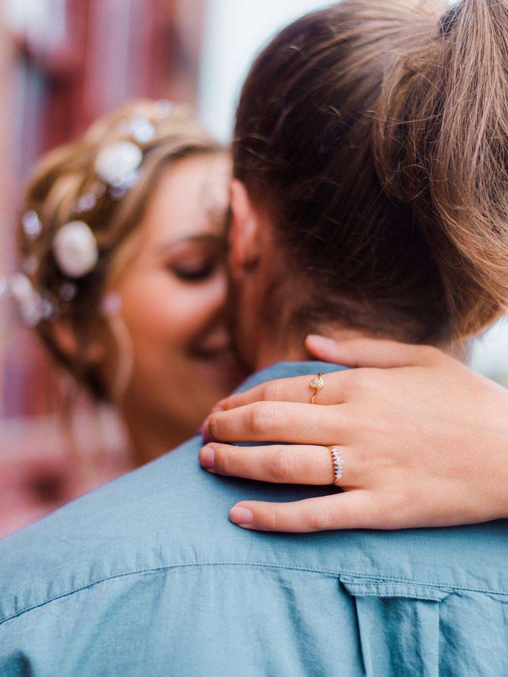 Nature Inspired Styled Shoot Seashell Headpiece Updo Tattooed Bride Blue Dress Casual Groom Blue Shirt Pastel Simple Ring | Ocean Wedding Ideas Industrial Rachel Watkinson Photography