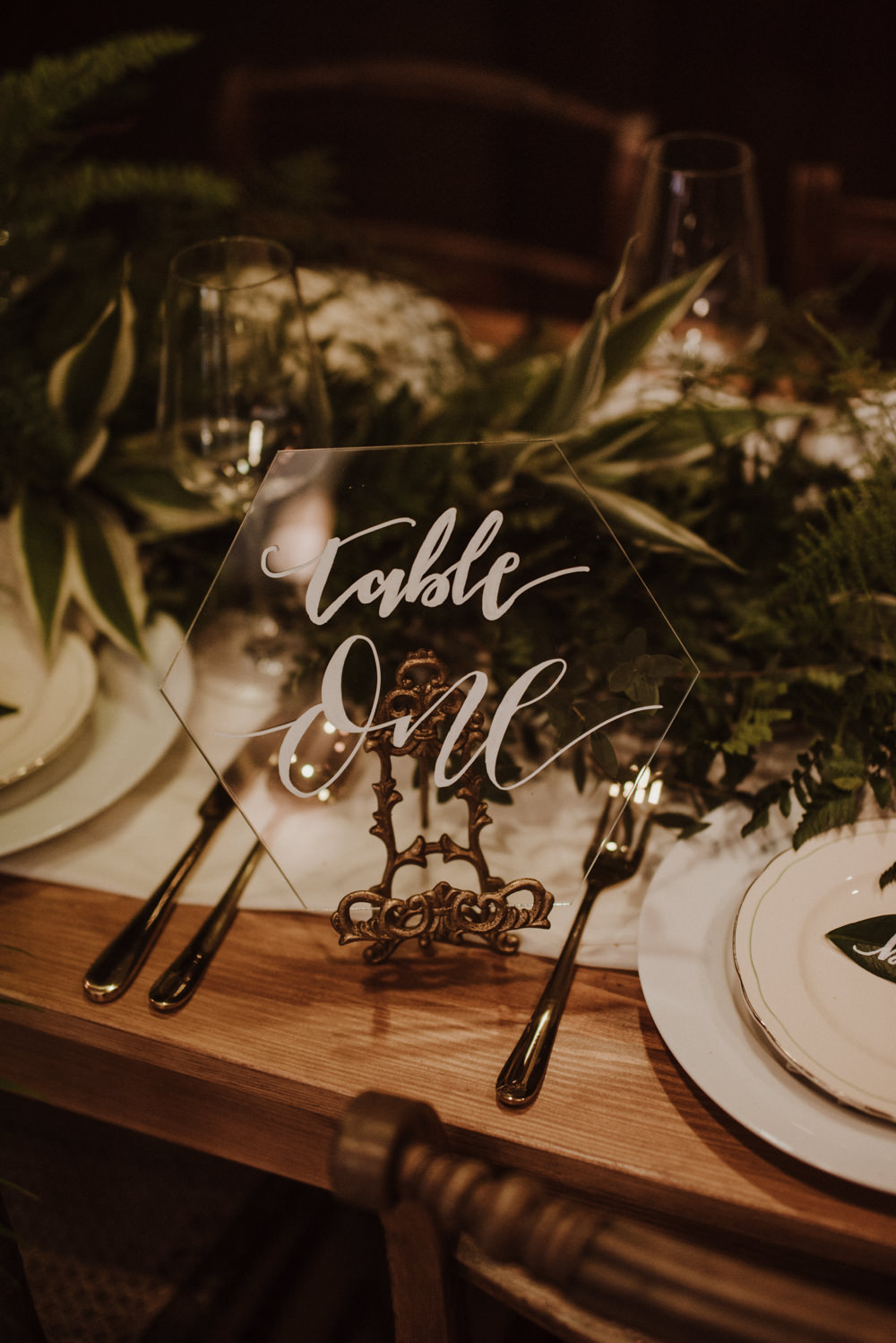 Table Setting Glass Perspex Number Fern Greenery Organic Foliage Wedding Ideas Rubie Love Photography