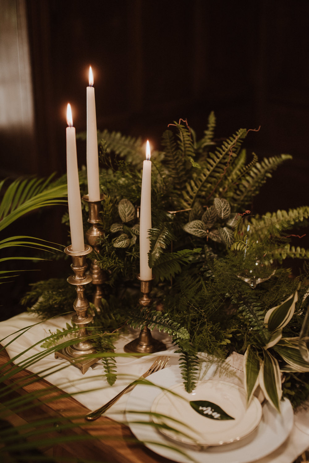 Table Setting Fern Greenery Candle Sticks Organic Foliage Wedding Ideas Rubie Love Photography