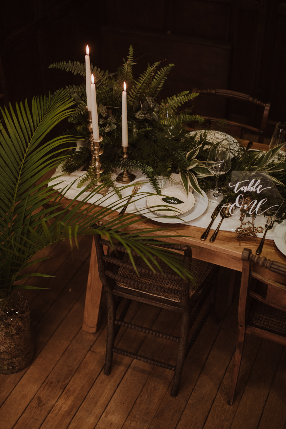 Table Setting Glass Perspex Number Fern Greenery Candle Sticks Organic Foliage Wedding Ideas Rubie Love Photography