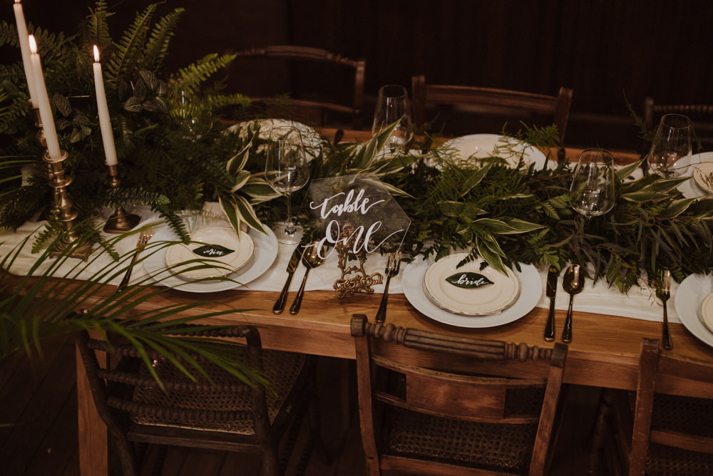 Table Setting Glass Perspex Number Fern Greenery Candle Sticks Organic Foliage Wedding Ideas Rubie Love Photography