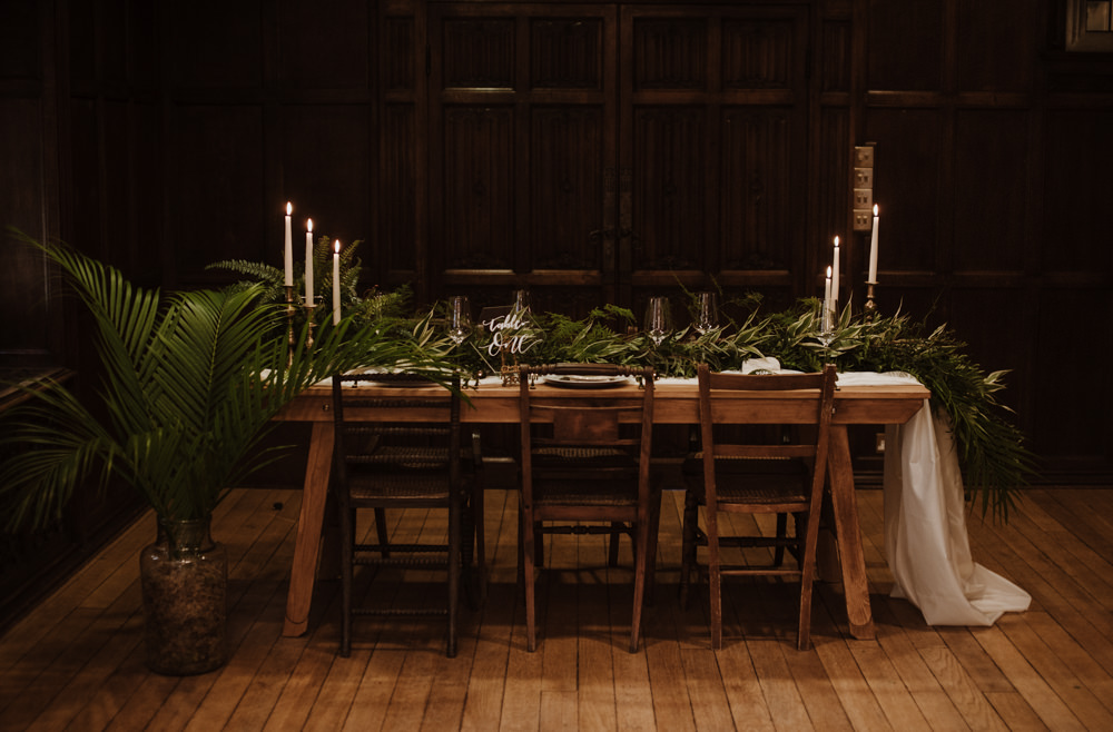  Table Setting Glass Perspex Number Fern Greenery Candle Sticks Mismatched Wooden Chairs Organic Foliage Wedding Ideas Rubie Love Photography