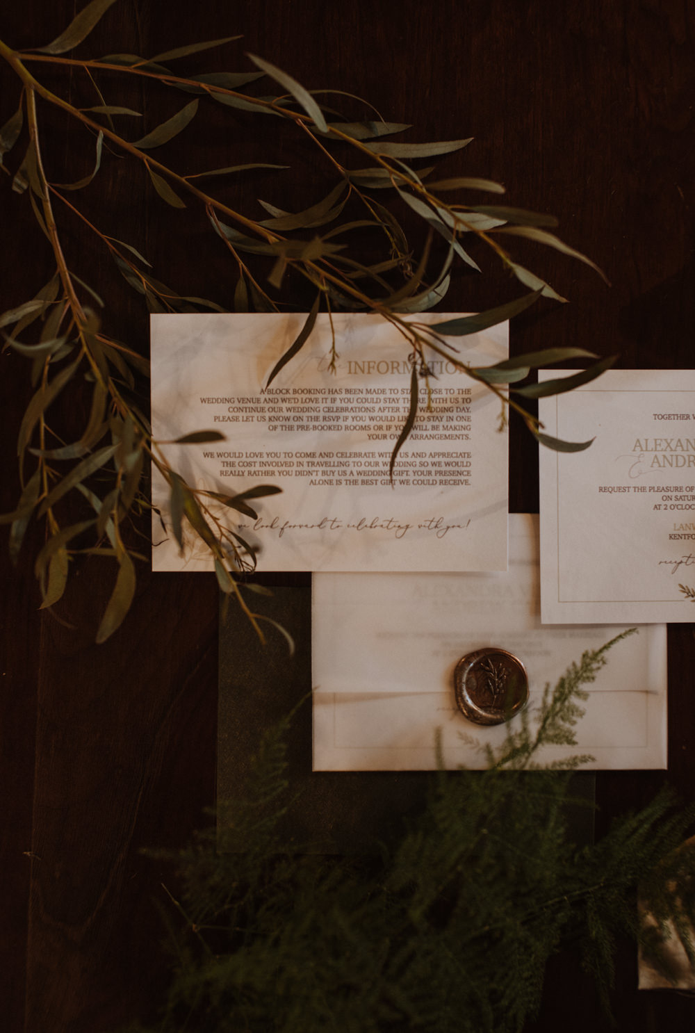 Greenery Foliage Stationery Wax Seal Olive Branch Fern Organic Foliage Wedding Ideas Rubie Love Photography