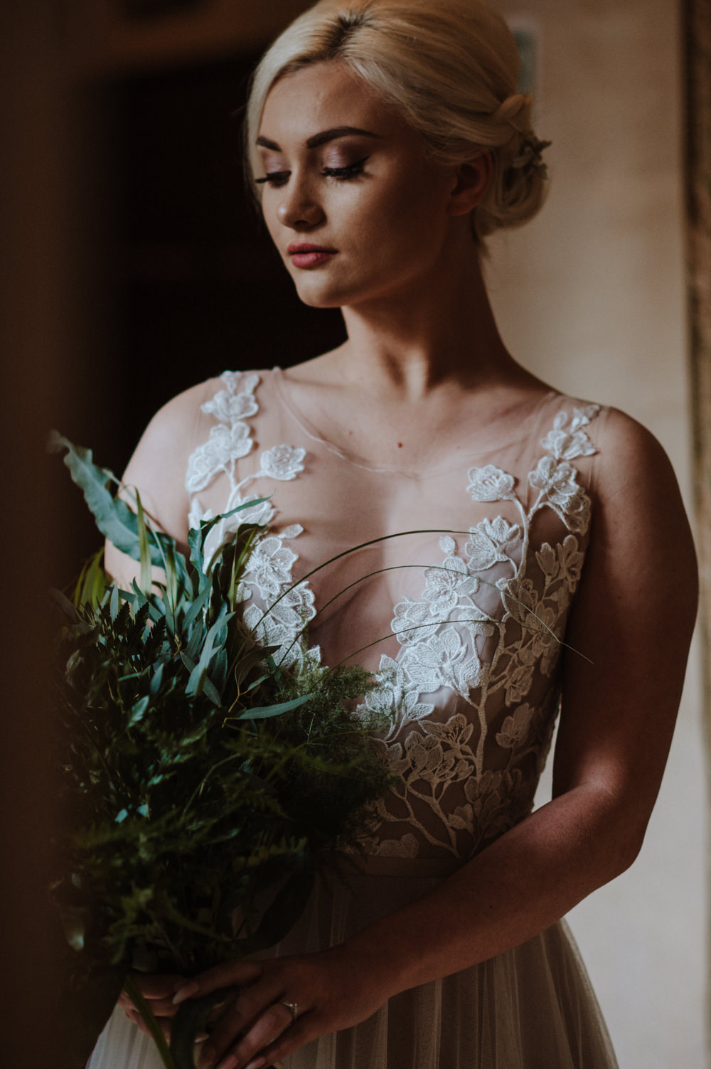 Bride Bridal Illusion Dress Gown Lace A Line Greenery Foliage Bouquet Organic Foliage Wedding Ideas Rubie Love Photography