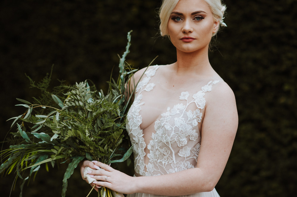 Bride Bridal Illusion Dress Gown Lace A Line Greenery Foliage Bouquet Organic Foliage Wedding Ideas Rubie Love Photography