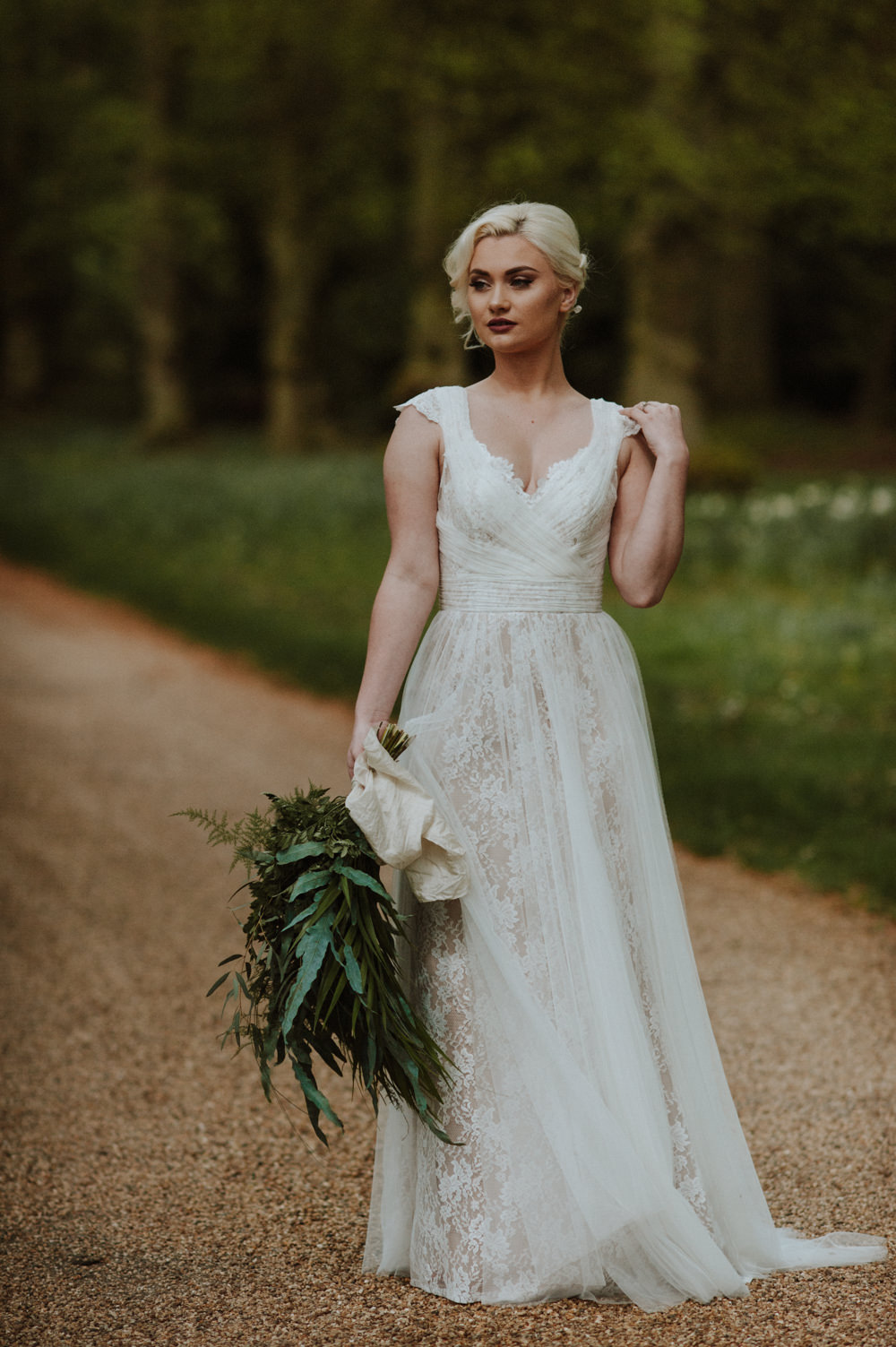 Bride Bridal Dress Gown Lace V Neck A Line Greenery Foliage Bouquet Organic Foliage Wedding Ideas Rubie Love Photography