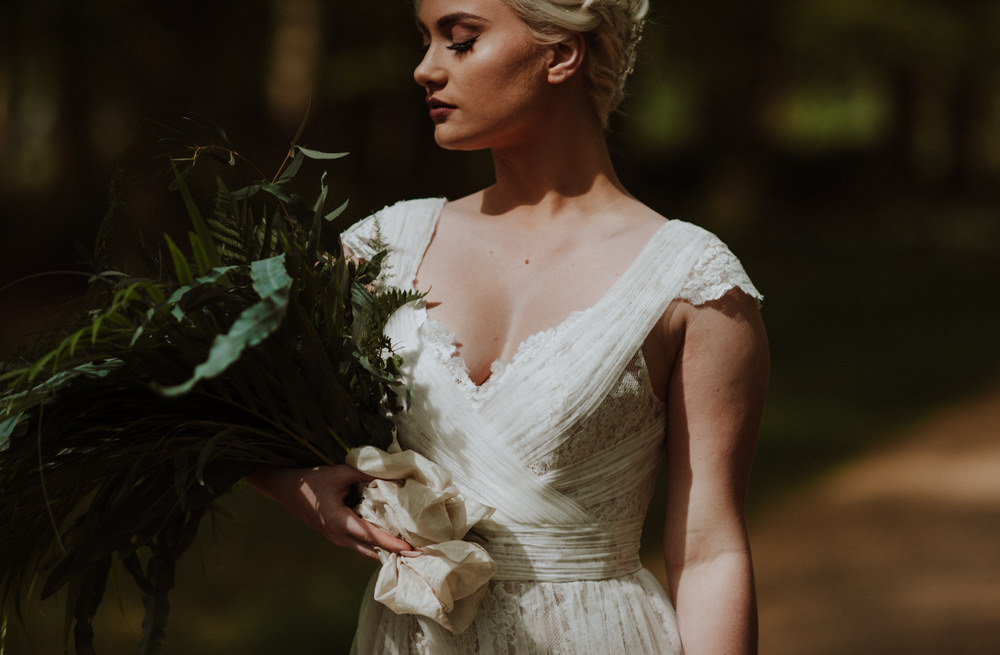 Bride Bridal Dress Gown Lace V Neck A Line Greenery Foliage Bouquet Wrap Front Organic Foliage Wedding Ideas Rubie Love Photography