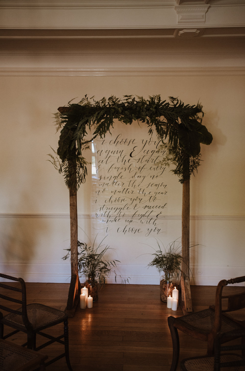 Glass Perspex Sign Signage Arbor Greenery Candles Ceremony Arch Organic Foliage Wedding Ideas Rubie Love Photography