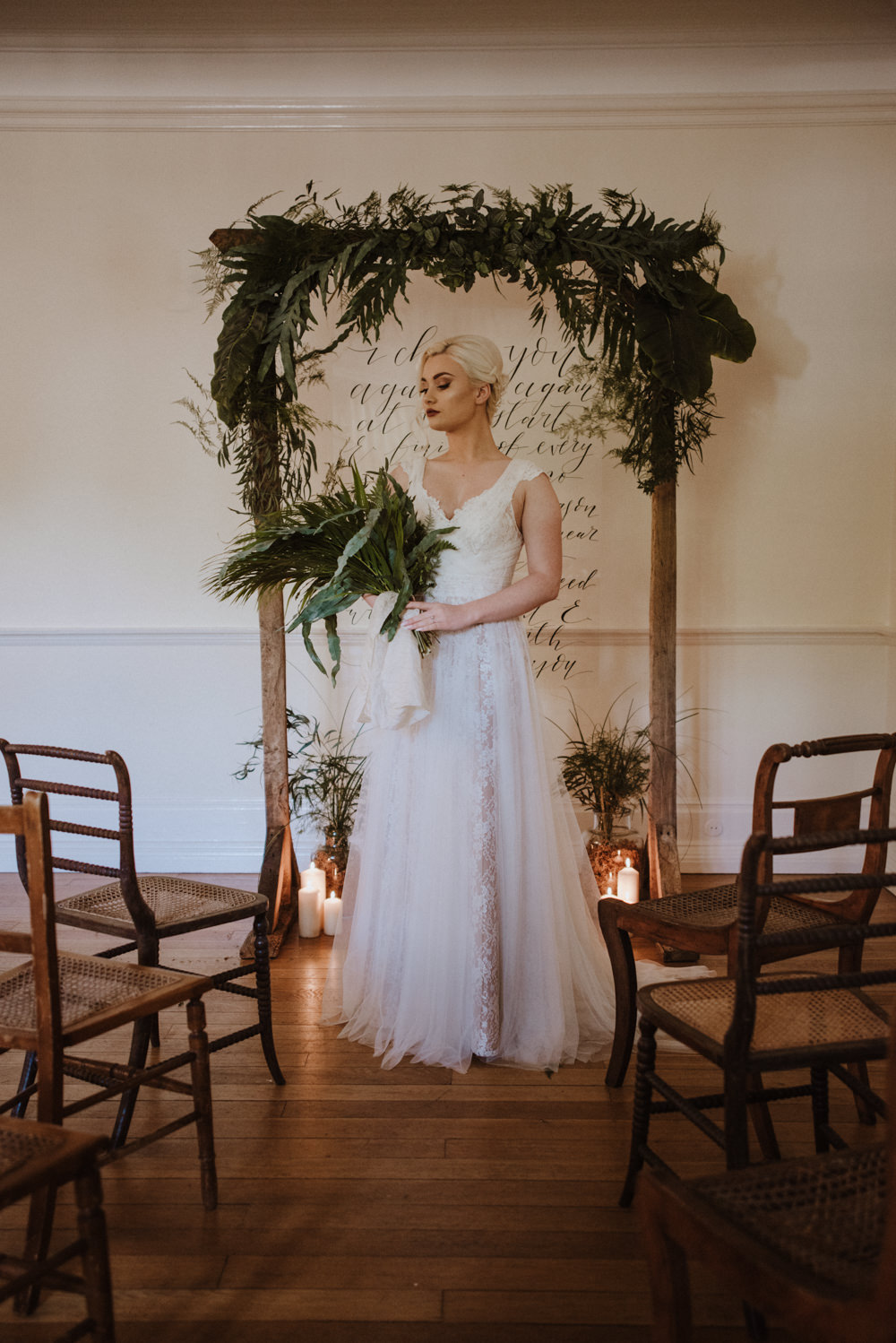 Bride Bridal Dress Gown Lace V Neck A Line Greenery Foliage Bouquet Greenery Arbor Ceremony Arch Perspex Glass Calligraphy Backdrop Organic Foliage Wedding Ideas Rubie Love Photography
