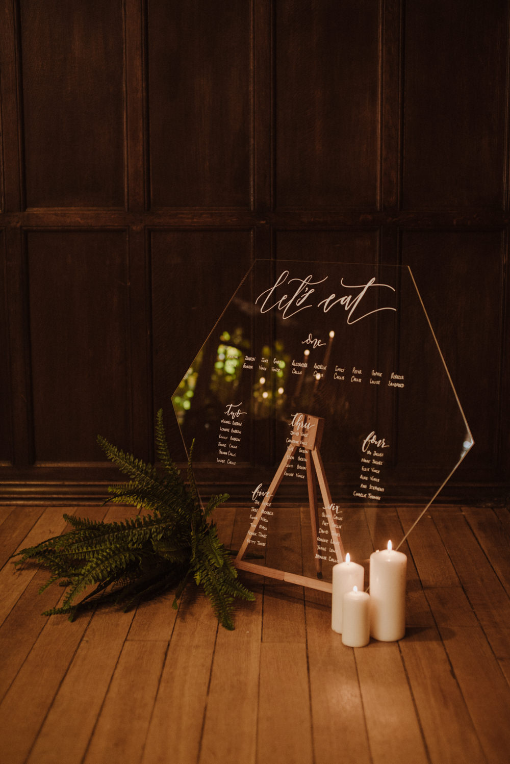 Glass Perspex Table Plan Seating Chart Modern Calligraphy Fern Candles Organic Foliage Wedding Ideas Rubie Love Photography