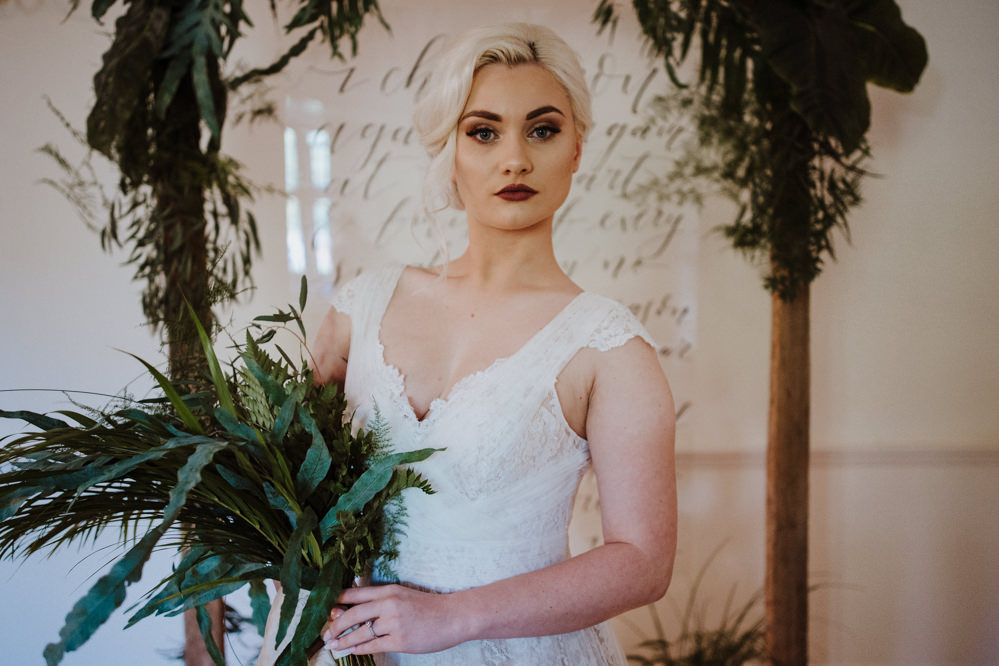 Bride Bridal Dress Gown Lace V Neck A Line Greenery Foliage Bouquet Organic Foliage Wedding Ideas Rubie Love Photography