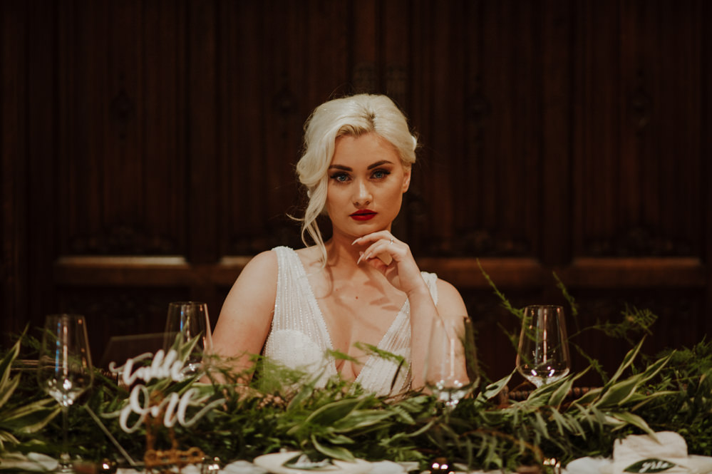 Bride Bridal Dress Gown Lace V Neck Greenery Foliage Bouquet Runner Table Organic Foliage Wedding Ideas Rubie Love Photography
