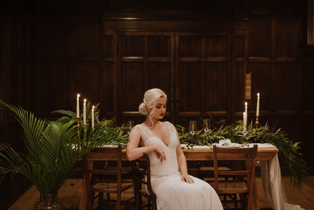 Bride Bridal Dress Gown Beaded V Neck Greenery Runner Palm Candlesticks Organic Foliage Wedding Ideas Rubie Love Photography