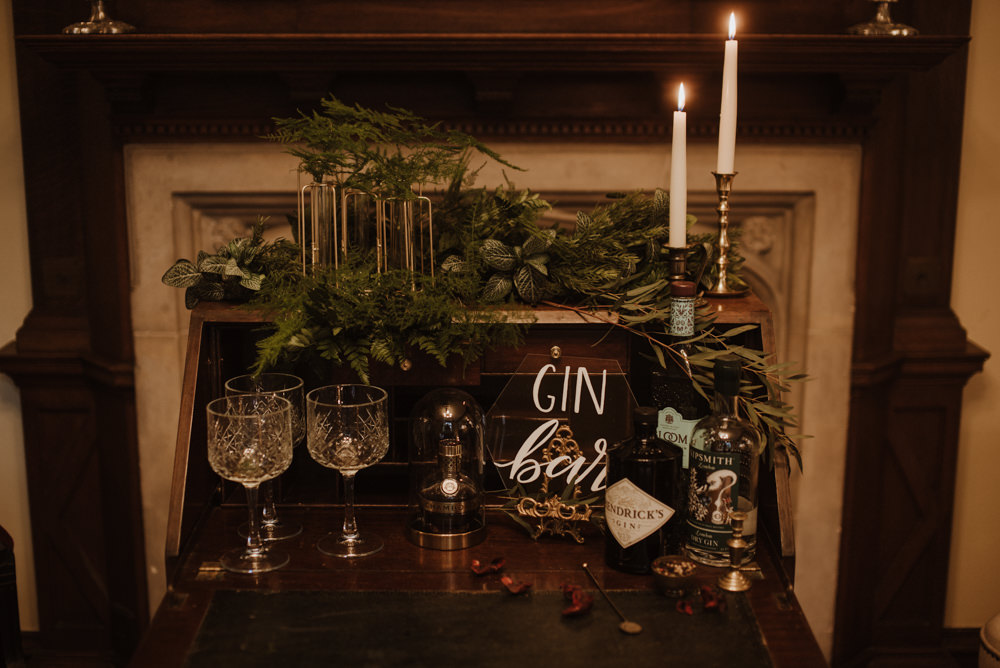 Gin Bar Bureau Greenery Fern Glass Perspex Calligraphy Crystal Glass Organic Foliage Wedding Ideas Rubie Love Photography