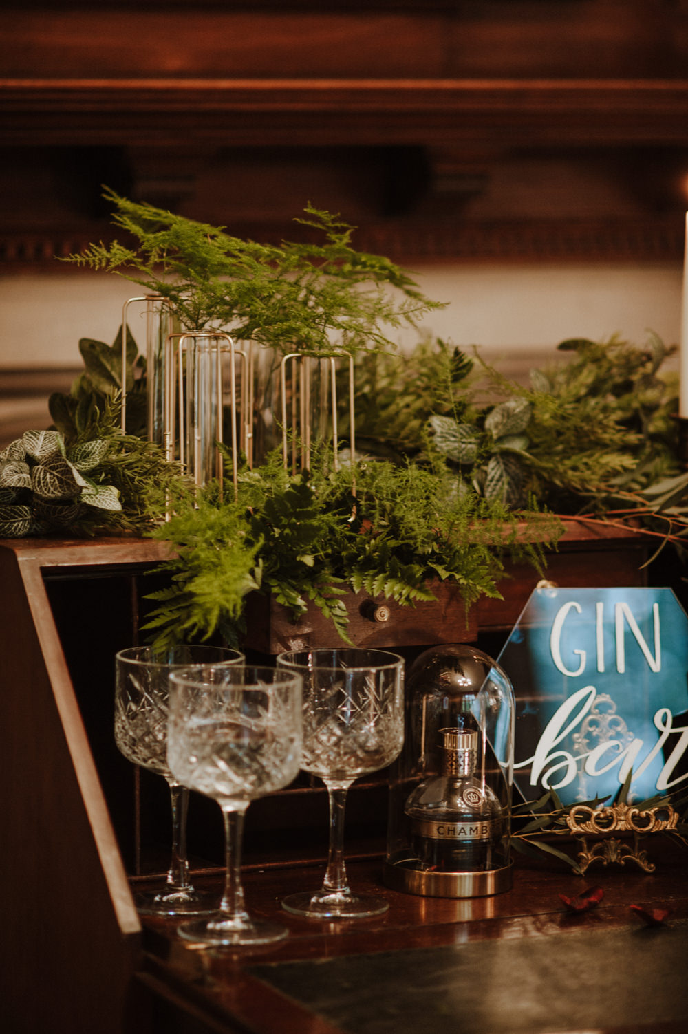 Gin Bar Bureau Greenery Fern Glass Perspex Calligraphy Crystal Glass Organic Foliage Wedding Ideas Rubie Love Photography
