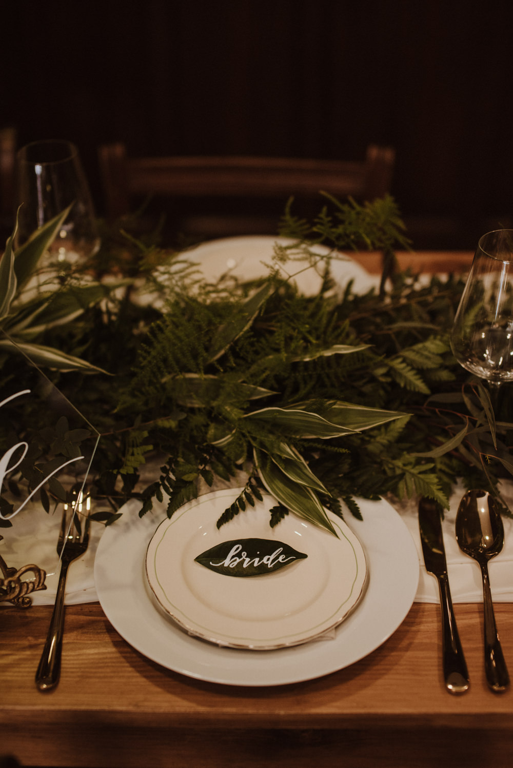 Table Setting Glass Perspex Number Fern Greenery Place Name Card Leaf Organic Foliage Wedding Ideas Rubie Love Photography