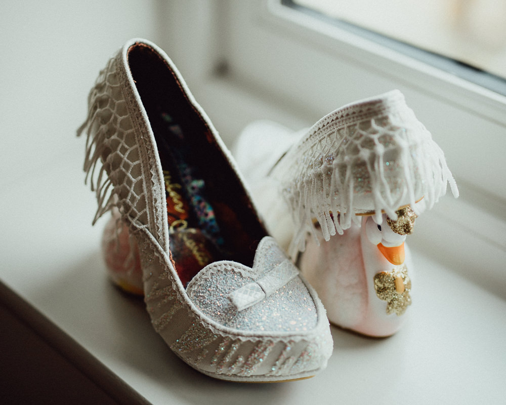 Irregular Choice Shoes Swans Bride Bridal Oxleaze Barn Wedding Emily and Steve Photography