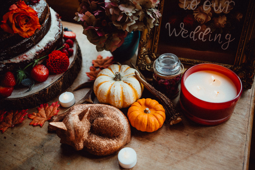 Candles Pumpkins Autumn Decor Fox Oxleaze Barn Wedding Emily and Steve Photography