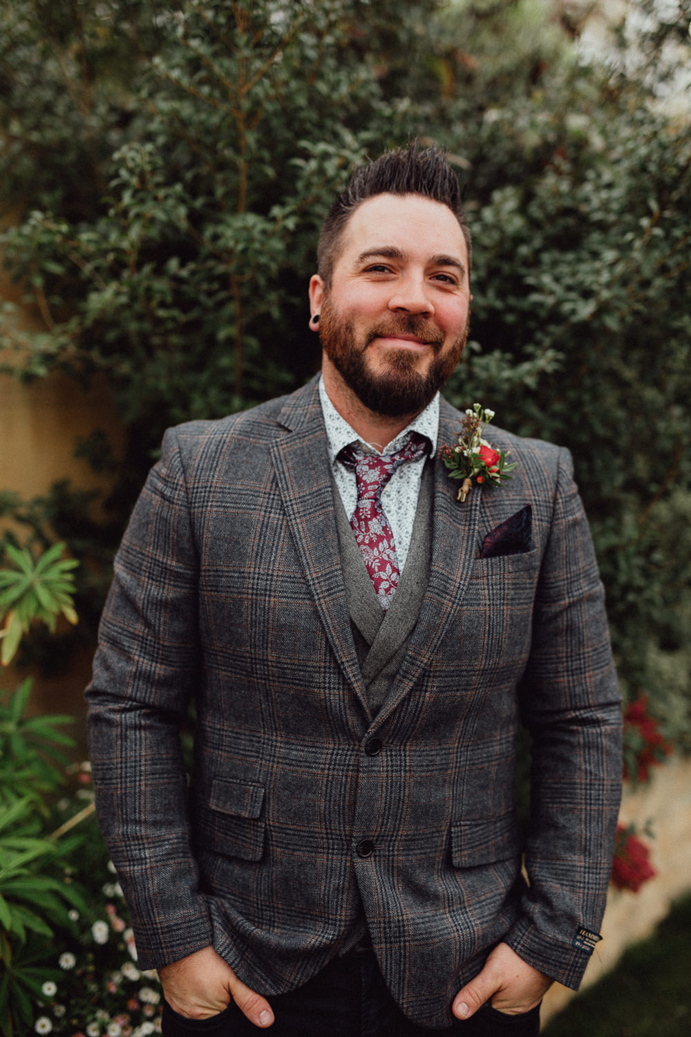 Groom Tweed Jacket Waistcoat Chinos Tie Mismatched Oxleaze Barn Wedding Emily and Steve Photography