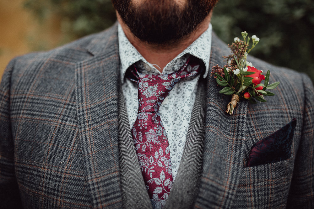 Groom Tweed Jacket Waistcoat Chinos Tie Mismatched Floral Buttonhole Oxleaze Barn Wedding Emily and Steve Photography