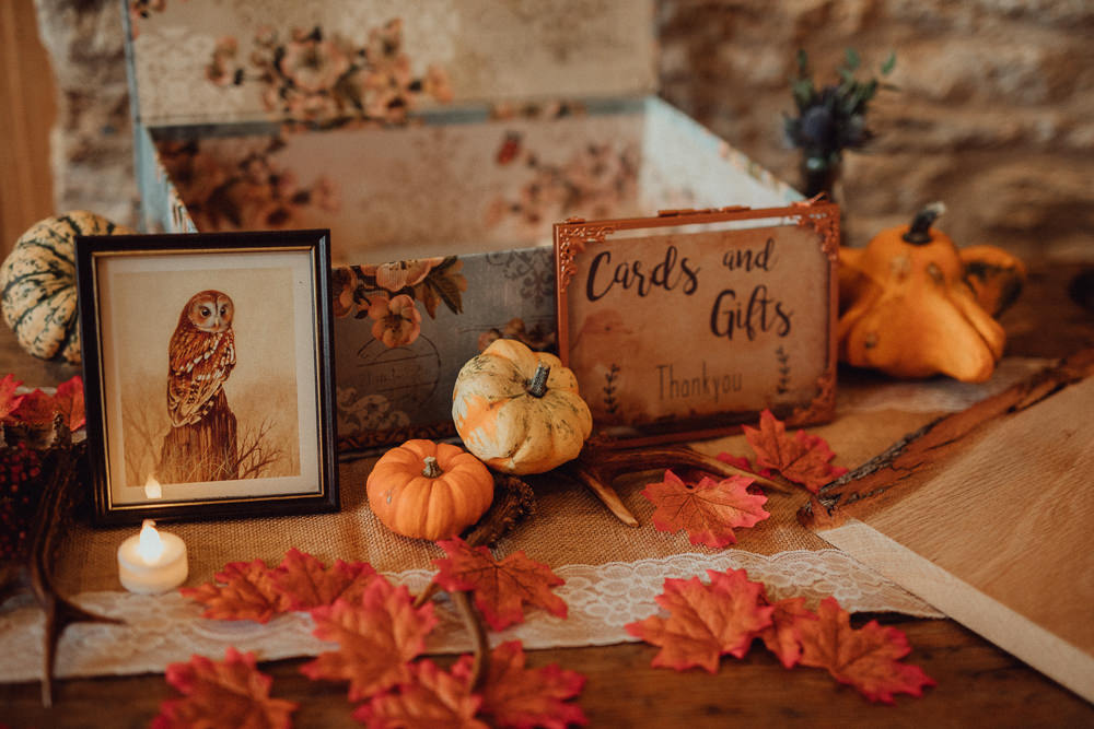 Floral Card Box Leaves Sign Candles Pumpkins Autumn Decor Oxleaze Barn Wedding Emily and Steve Photography
