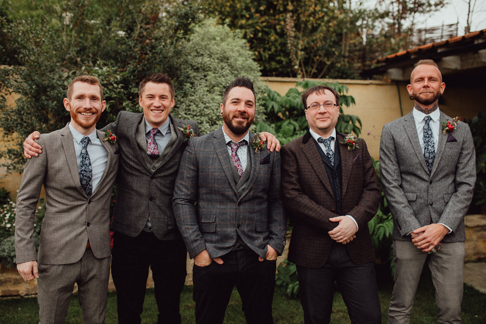 Groom Tweed Jacket Waistcoat Chinos Tie Mismatched Groomsmen Oxleaze Barn Wedding Emily and Steve Photography
