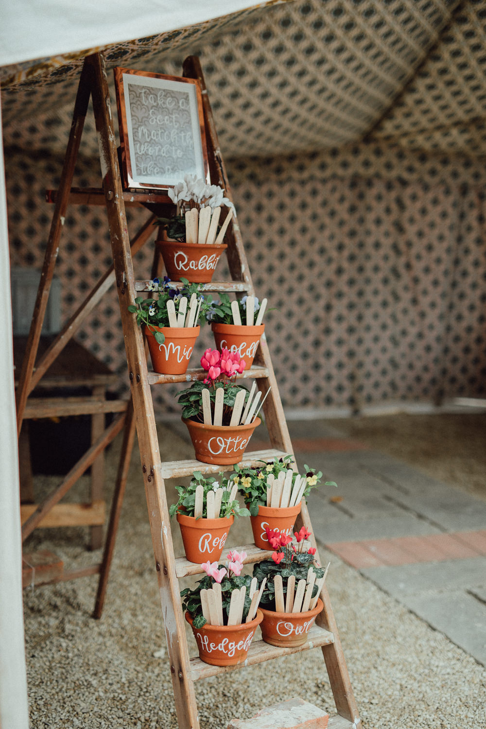 Seating Plan Table Chart Wooden Ladder Terracotta Pot Plants Sticks Oxleaze Barn Wedding Emily and Steve Photography